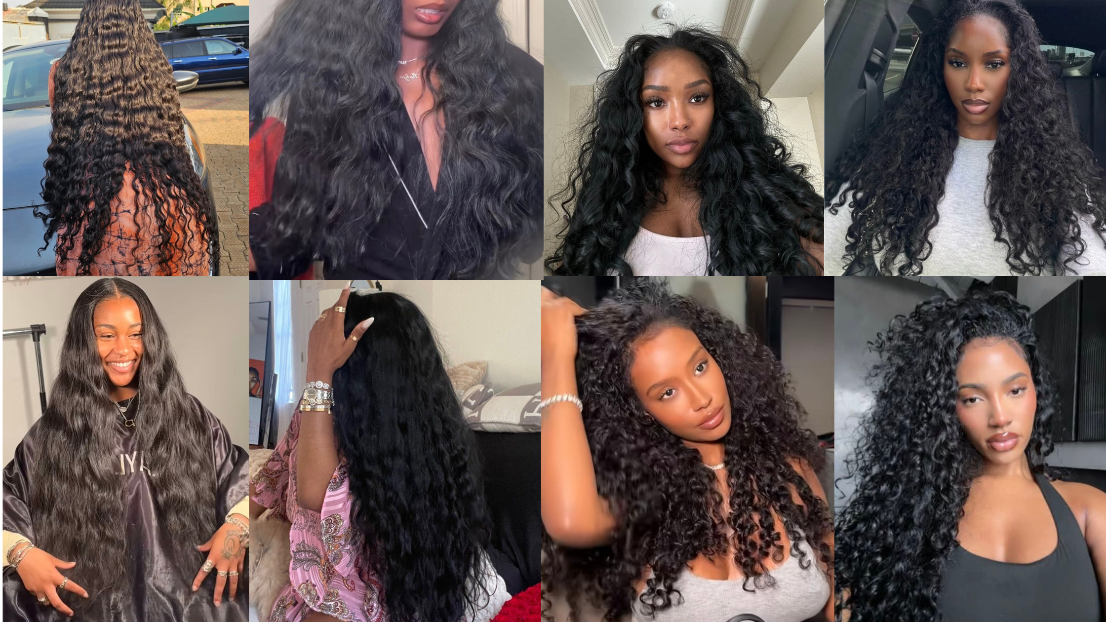 Collage of women wearing long, dark wavy and curly hairstyles, illustrating different hair textures, volume and styling options.