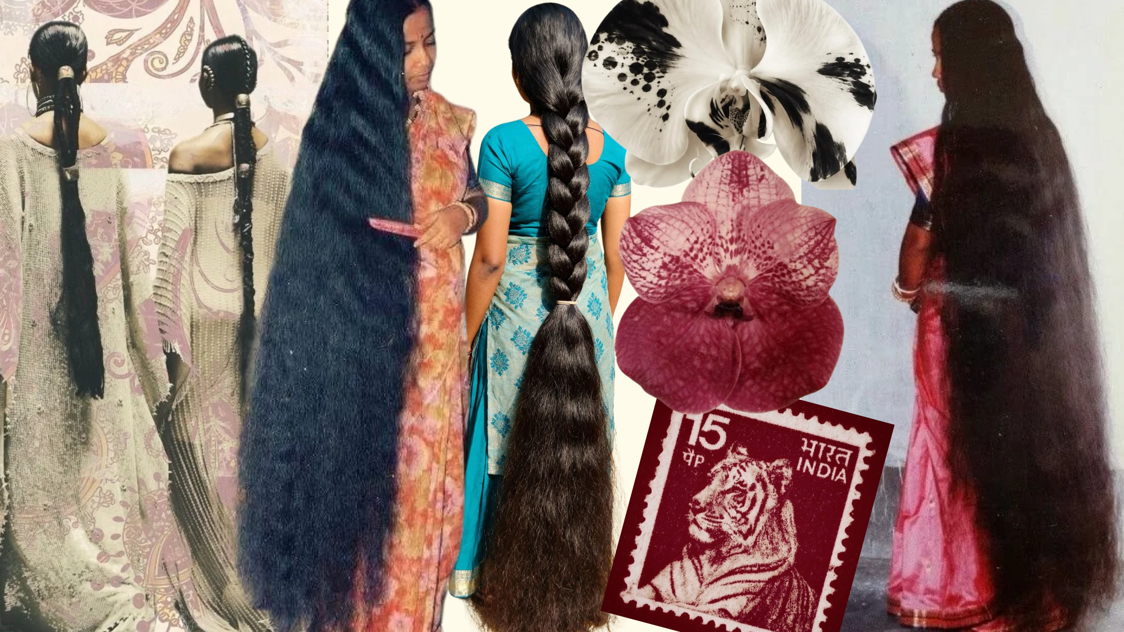 Collage of women with long, dark hairstyles in traditional Indian clothing, illustrating Indian hair and beauty.